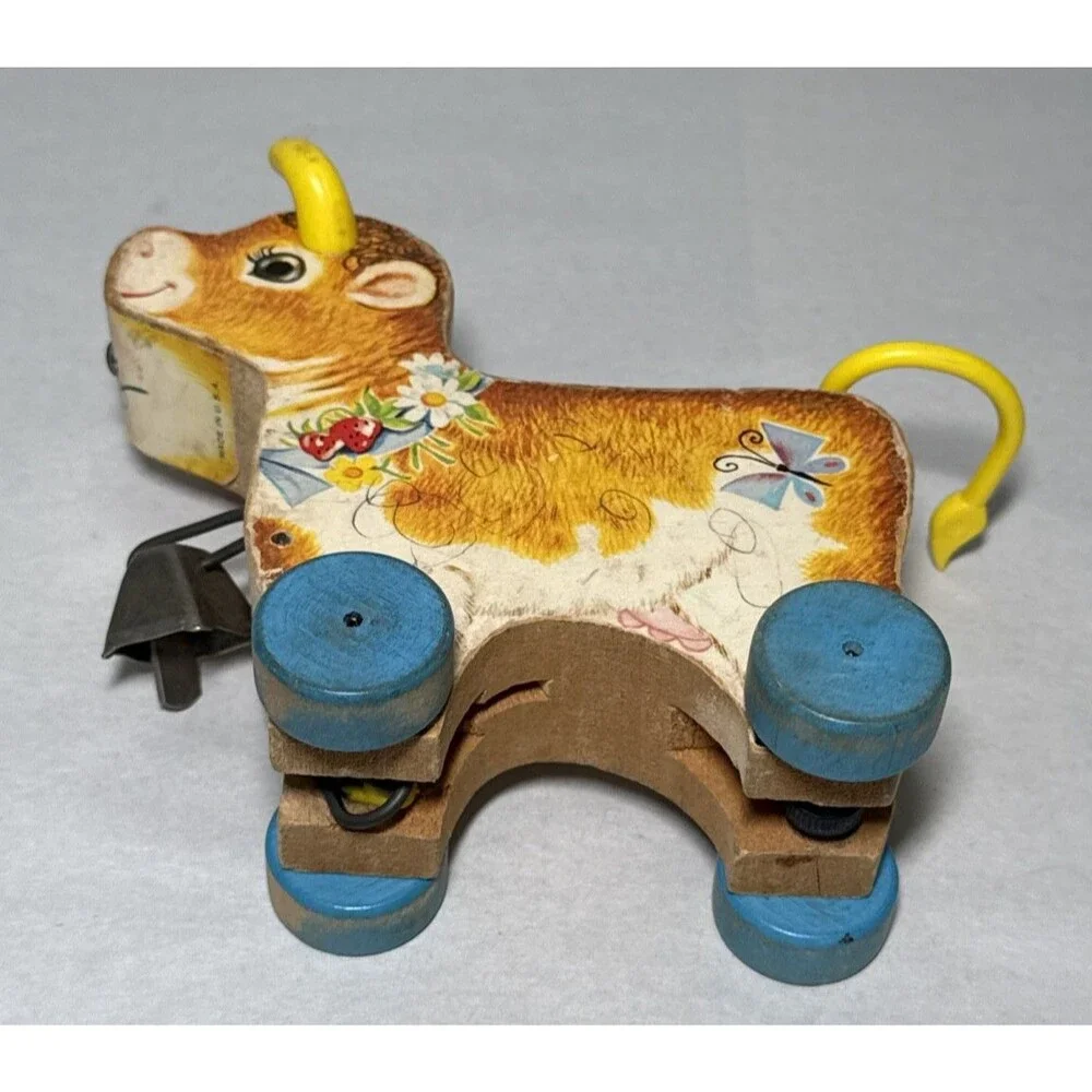Fisher Price Vintage 1960s Bossy Bell Wooden Cow Pull Toy Tail Spins Cow Bell
